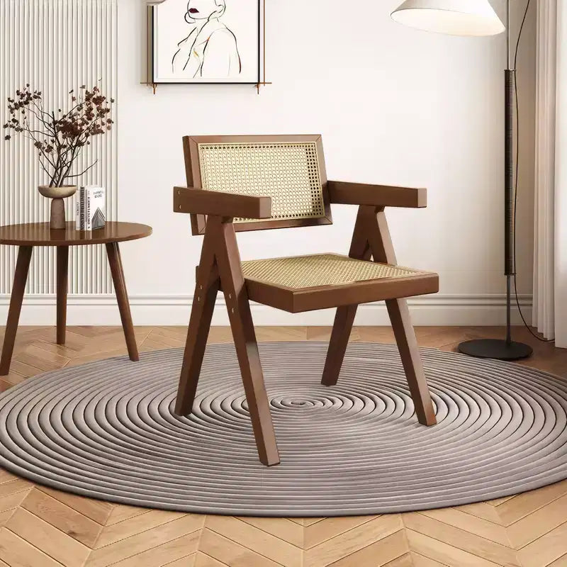 JVNOXK Lot de 2 chaises de salle à manger modernes du milieu du siècle, chaises d'appoint en rotin, fauteuils confortables, chaises d'extérieur en bois avec accoudoirs pour chambre à coucher, marron