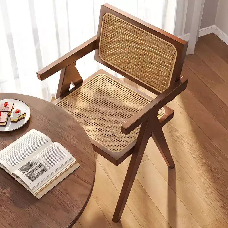 JVNOXK Lot de 2 chaises de salle à manger modernes du milieu du siècle, chaises d'appoint en rotin, fauteuils confortables, chaises d'extérieur en bois avec accoudoirs pour chambre à coucher, marron