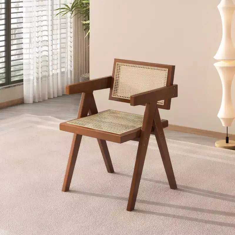 JVNOXK Lot de 2 chaises de salle à manger modernes du milieu du siècle, chaises d'appoint en rotin, fauteuils confortables, chaises d'extérieur en bois avec accoudoirs pour chambre à coucher, marron