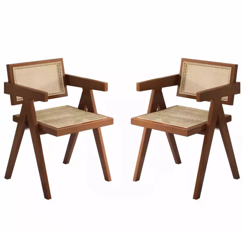 JVNOXK Lot de 2 chaises de salle à manger modernes du milieu du siècle, chaises d'appoint en rotin, fauteuils confortables, chaises d'extérieur en bois avec accoudoirs pour chambre à coucher, marron