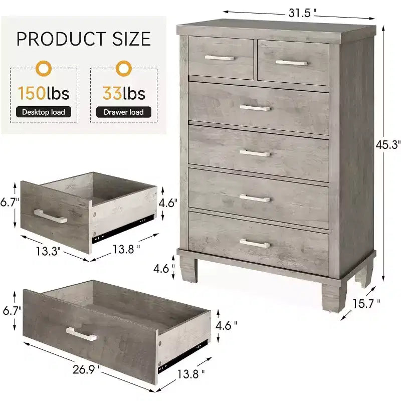 Commode haute à 6 tiroirs, commode moderne avec poignées métalliques, organisateur de rangement vertical pour chambre et placard