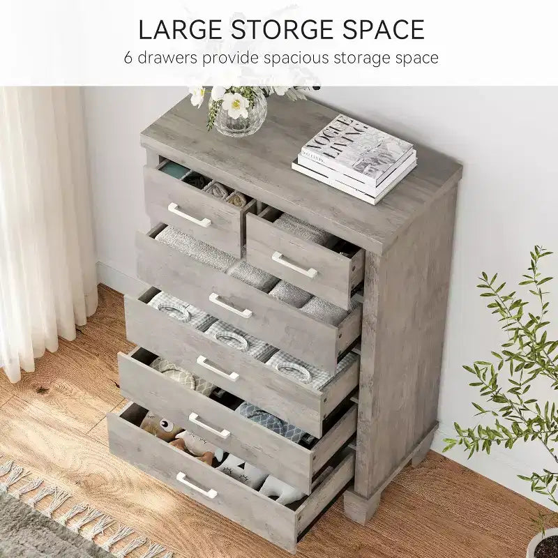 Commode haute à 6 tiroirs, commode moderne avec poignées métalliques, organisateur de rangement vertical pour chambre et placard