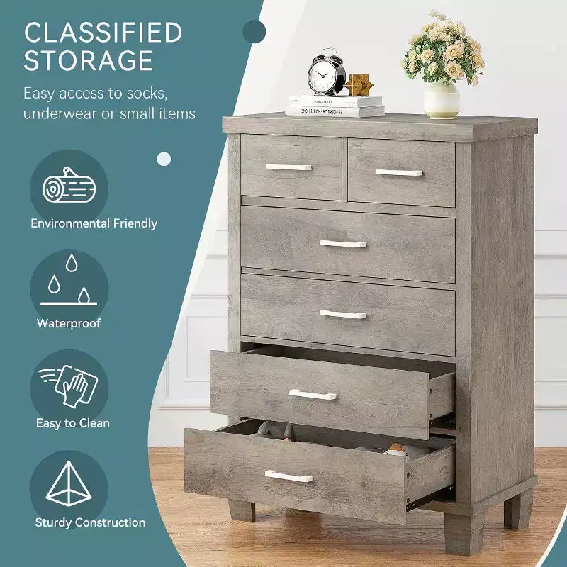 Commode haute à 6 tiroirs, commode moderne avec poignées métalliques, organisateur de rangement vertical pour chambre et placard