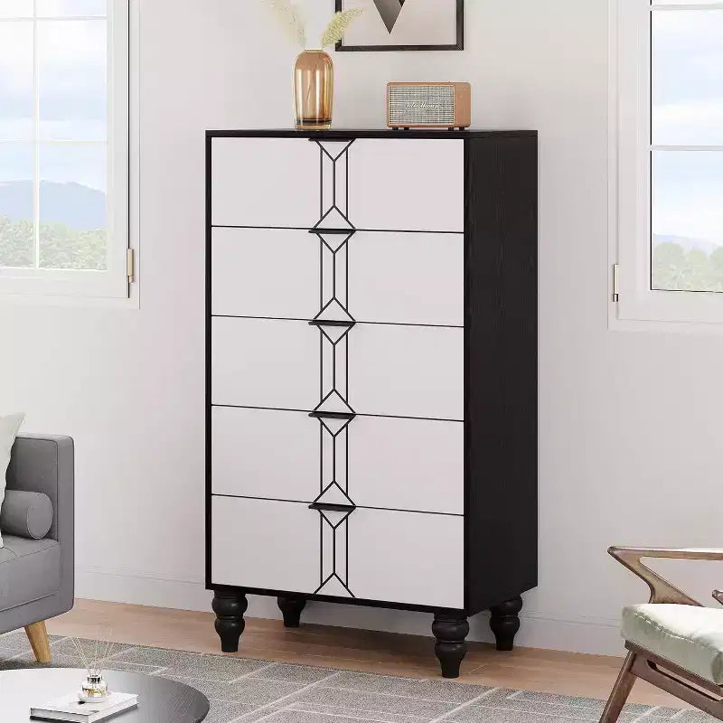 Commode à 5 tiroirs, style moderne avec motif vintage et rangement profond pour chambre, salon, entrée