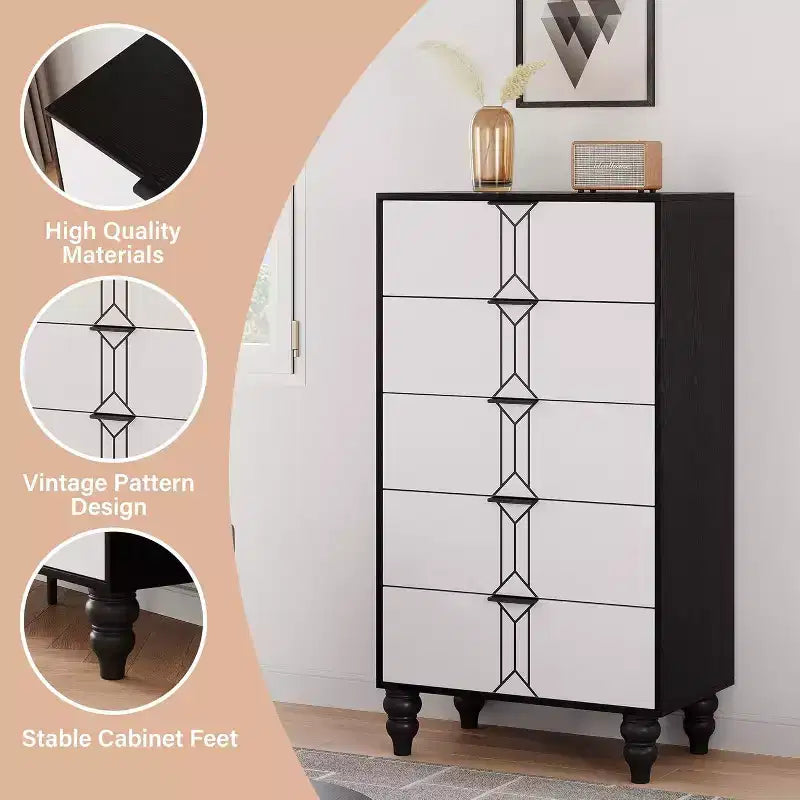 Commode à 5 tiroirs, style moderne avec motif vintage et rangement profond pour chambre, salon, entrée
