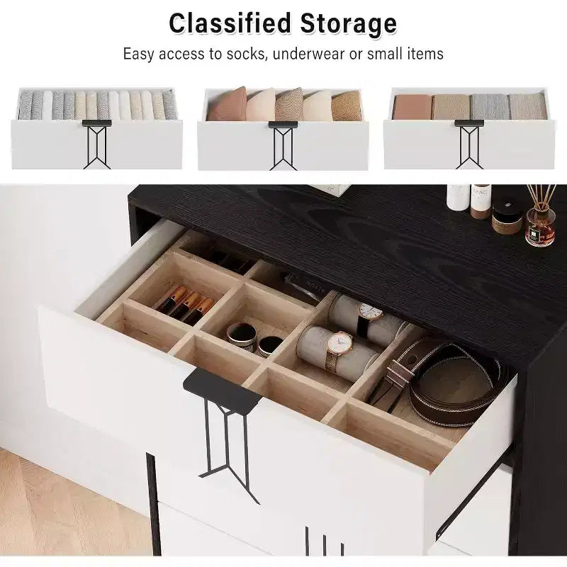 Commode à 5 tiroirs, style moderne avec motif vintage et rangement profond pour chambre, salon, entrée