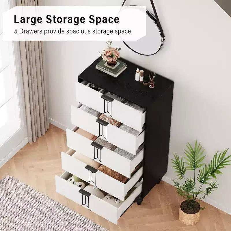 Commode à 5 tiroirs, style moderne avec motif vintage et rangement profond pour chambre, salon, entrée