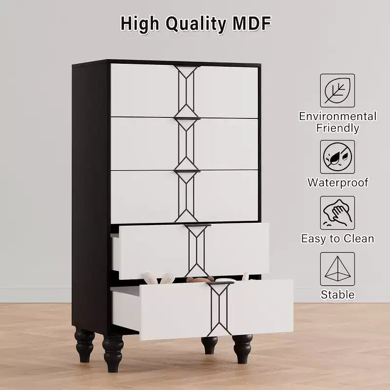 Commode à 5 tiroirs, style moderne avec motif vintage et rangement profond pour chambre, salon, entrée