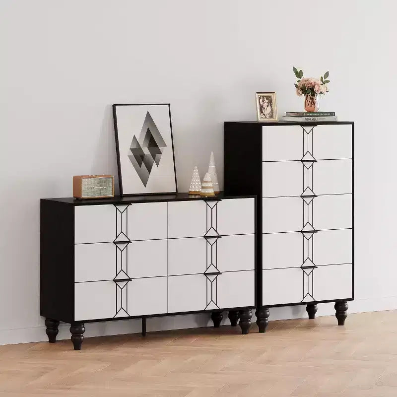 Commode à 5 tiroirs, style moderne avec motif vintage et rangement profond pour chambre, salon, entrée