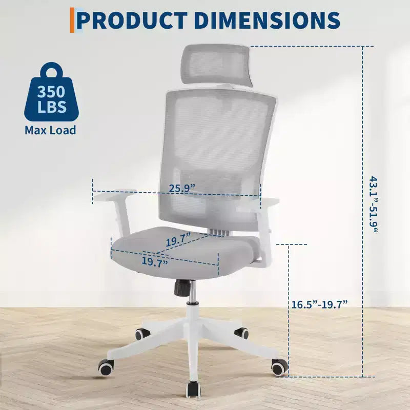 Chaise de bureau à dossier haut COZONY avec support lombaire réglable, chaise de bureau en maille avec accoudoirs relevables pour la maison ou le bureau