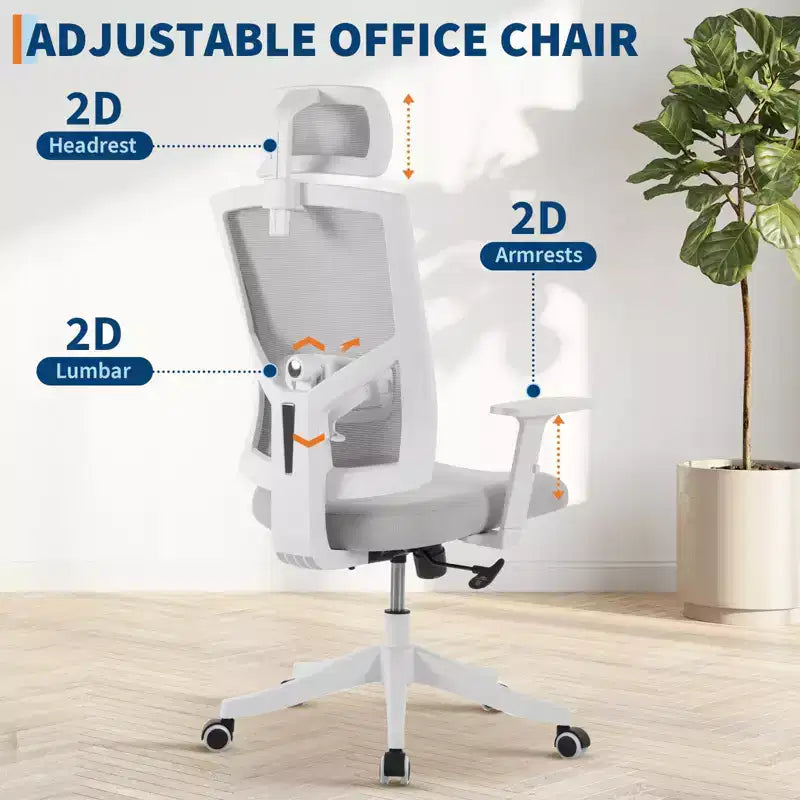 Chaise de bureau à dossier haut COZONY avec support lombaire réglable, chaise de bureau en maille avec accoudoirs relevables pour la maison ou le bureau