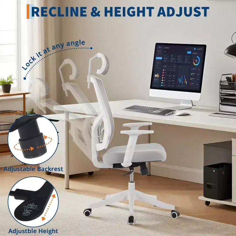 Chaise de bureau à dossier haut COZONY avec support lombaire réglable, chaise de bureau en maille avec accoudoirs relevables pour la maison ou le bureau