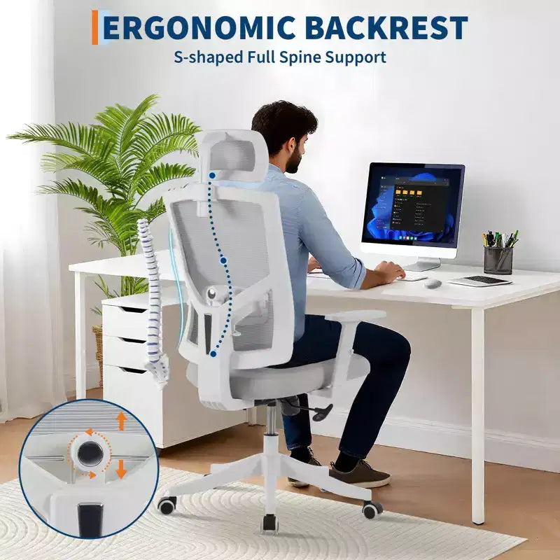 Chaise de bureau à dossier haut COZONY avec support lombaire réglable, chaise de bureau en maille avec accoudoirs relevables pour la maison ou le bureau