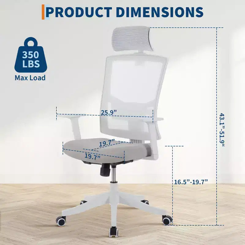 Chaise de bureau à dossier haut COZONY avec support lombaire réglable, chaise de bureau en maille avec accoudoirs relevables pour la maison ou le bureau