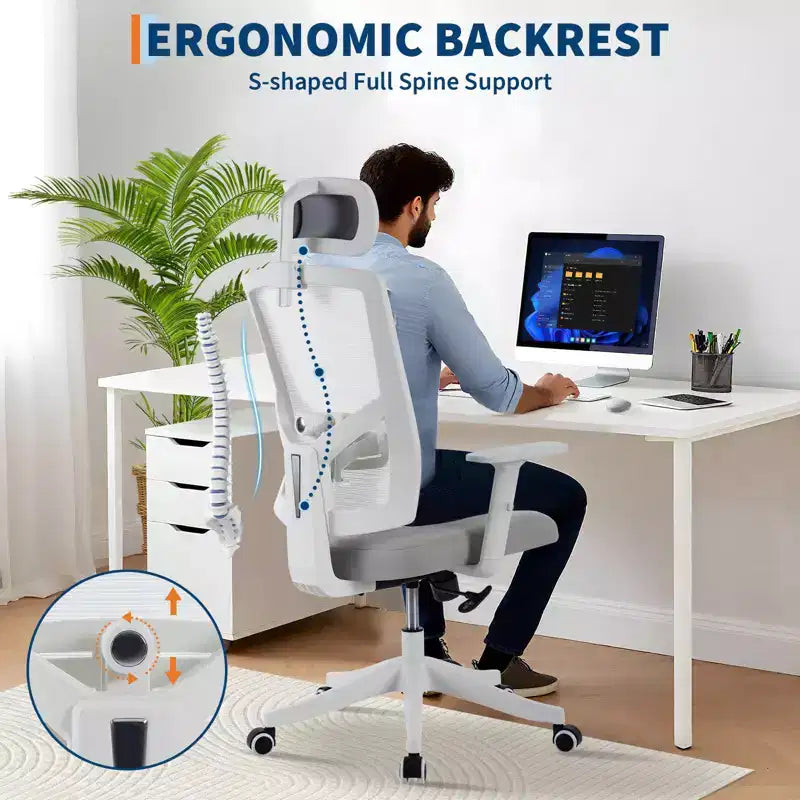 Chaise de bureau à dossier haut COZONY avec support lombaire réglable, chaise de bureau en maille avec accoudoirs relevables pour la maison ou le bureau
