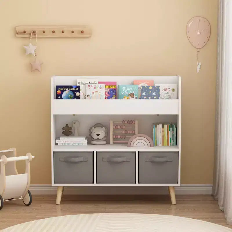 Étagère à livres pour enfants avec 3 bacs en tissu, bibliothèque moderne pour enfants avec rangement pour jouets et livres, étagère de rangement pour livres pour tout-petits pour salle de jeux