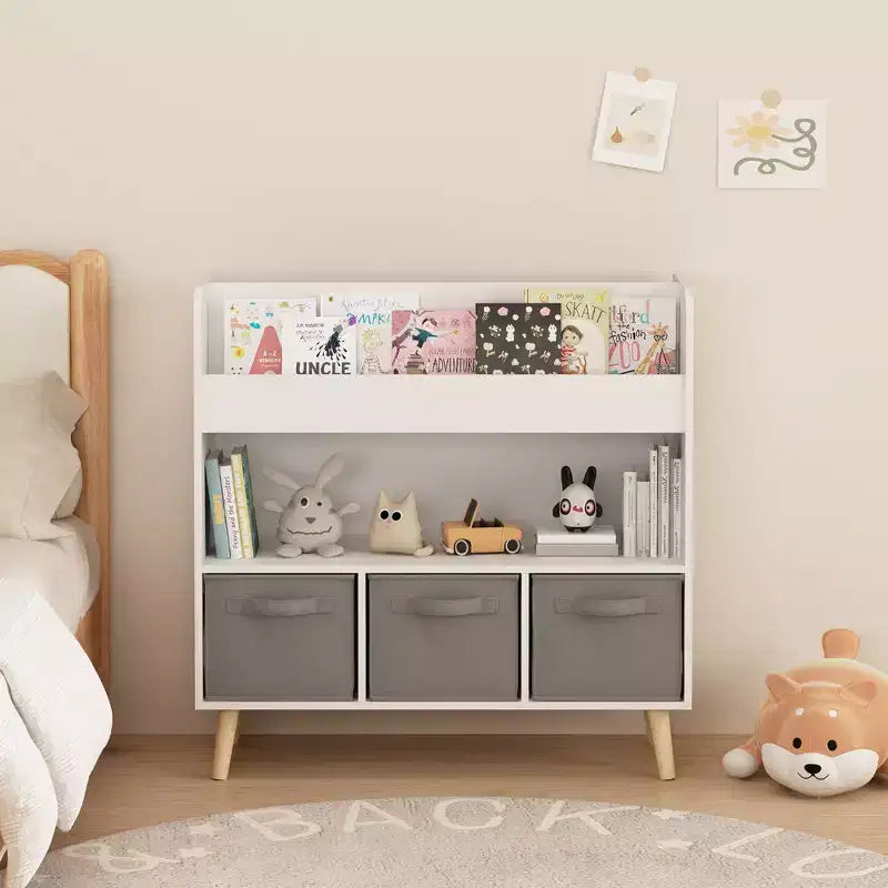 Étagère à livres pour enfants avec 3 bacs en tissu, bibliothèque moderne pour enfants avec rangement pour jouets et livres, étagère de rangement pour livres pour tout-petits pour salle de jeux