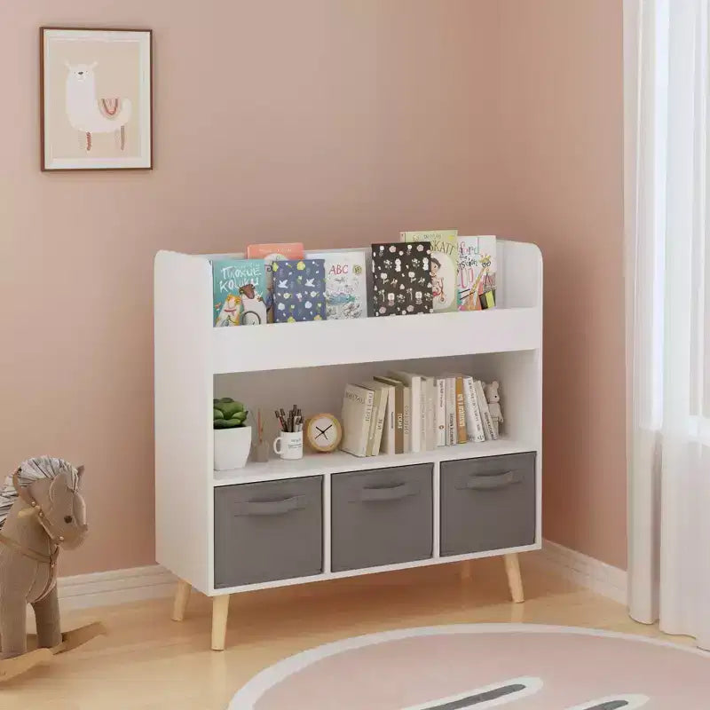Étagère à livres pour enfants avec 3 bacs en tissu, bibliothèque moderne pour enfants avec rangement pour jouets et livres, étagère de rangement pour livres pour tout-petits pour salle de jeux