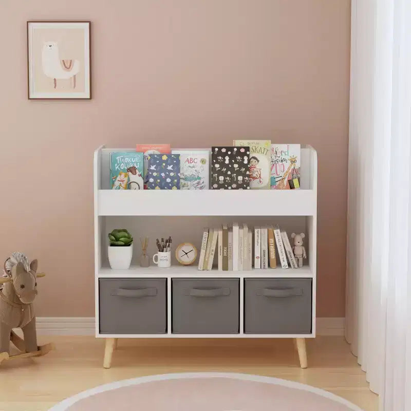 Étagère à livres pour enfants avec 3 bacs en tissu, bibliothèque moderne pour enfants avec rangement pour jouets et livres, étagère de rangement pour livres pour tout-petits pour salle de jeux