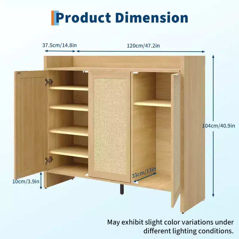 Meuble à chaussures en rotin, meuble de rangement en bois avec 3 portes et étagères réglables pour entrée, salon, couloir, chêne clair