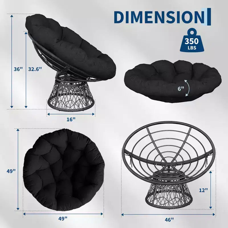 37-Inch Wicker Papasan Swivel Chair with Thick Cushion Round Outdoor Indoor Lounging Patio Seating Steel Frame