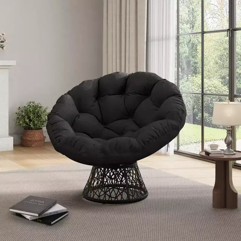 37-Inch Wicker Papasan Swivel Chair with Thick Cushion Round Outdoor Indoor Lounging Patio Seating Steel Frame