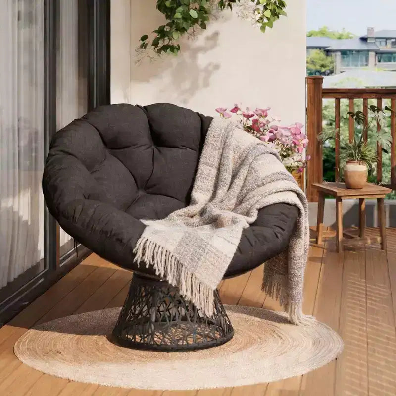 37-Inch Wicker Papasan Swivel Chair with Thick Cushion Round Outdoor Indoor Lounging Patio Seating Steel Frame