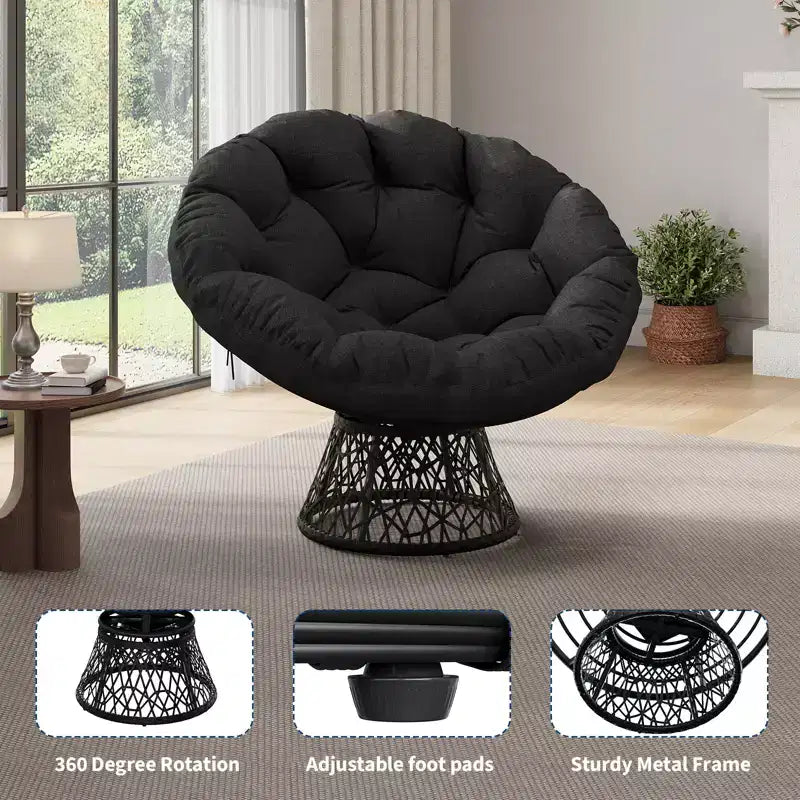 37-Inch Wicker Papasan Swivel Chair with Thick Cushion Round Outdoor Indoor Lounging Patio Seating Steel Frame