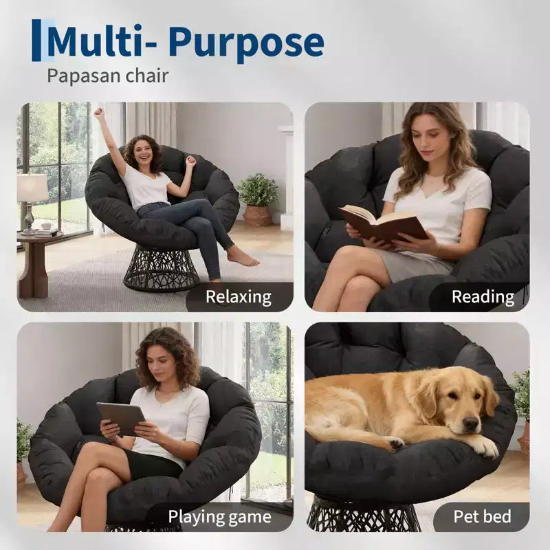 37-Inch Wicker Papasan Swivel Chair with Thick Cushion Round Outdoor Indoor Lounging Patio Seating Steel Frame
