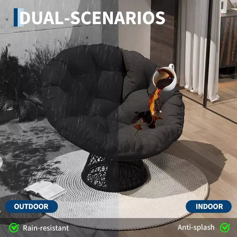 37-Inch Wicker Papasan Swivel Chair with Thick Cushion Round Outdoor Indoor Lounging Patio Seating Steel Frame