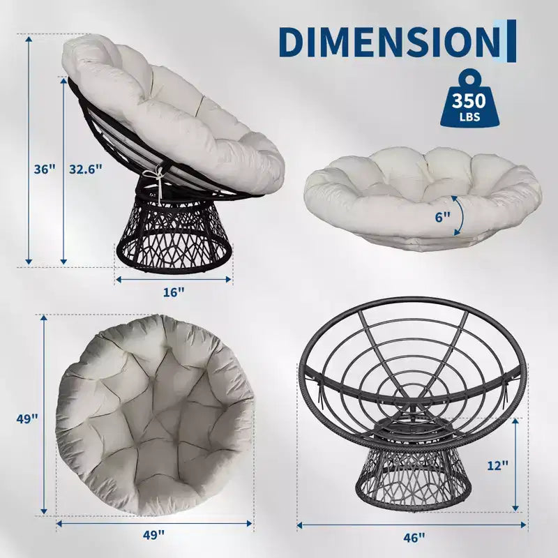 37-Inch Wicker Papasan Swivel Chair with Thick Cushion Round Outdoor Indoor Lounging Patio Seating Steel Frame