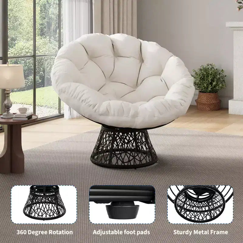 37-Inch Wicker Papasan Swivel Chair with Thick Cushion Round Outdoor Indoor Lounging Patio Seating Steel Frame