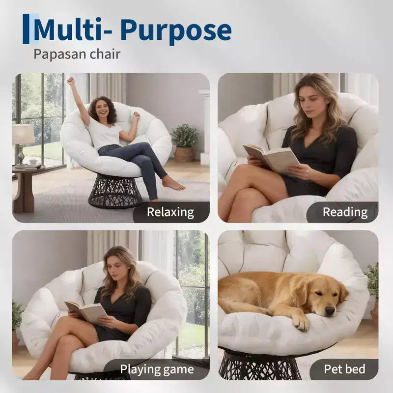 37-Inch Wicker Papasan Swivel Chair with Thick Cushion Round Outdoor Indoor Lounging Patio Seating Steel Frame