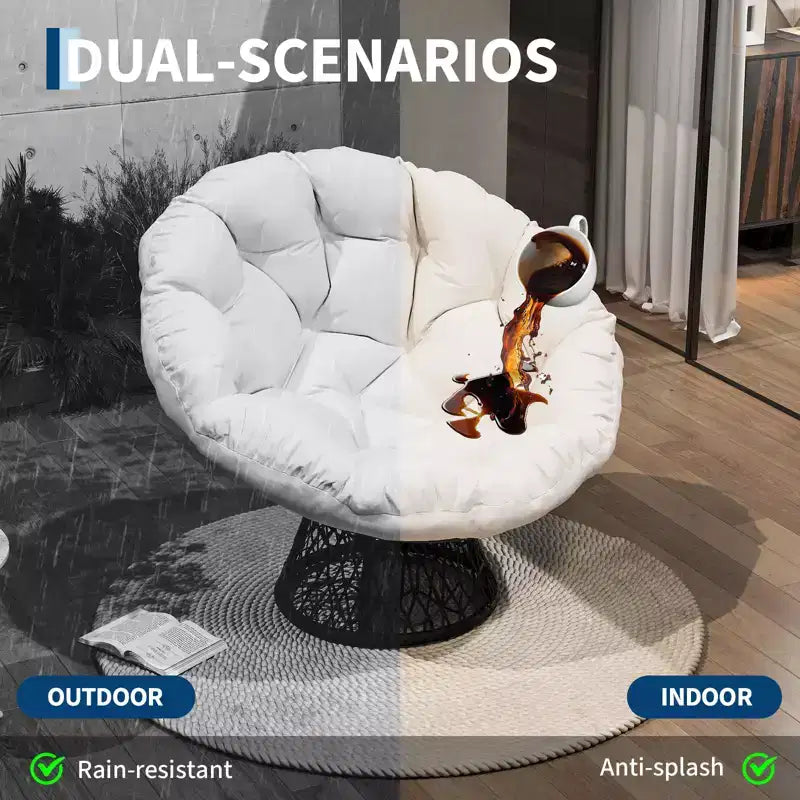 37-Inch Wicker Papasan Swivel Chair with Thick Cushion Round Outdoor Indoor Lounging Patio Seating Steel Frame