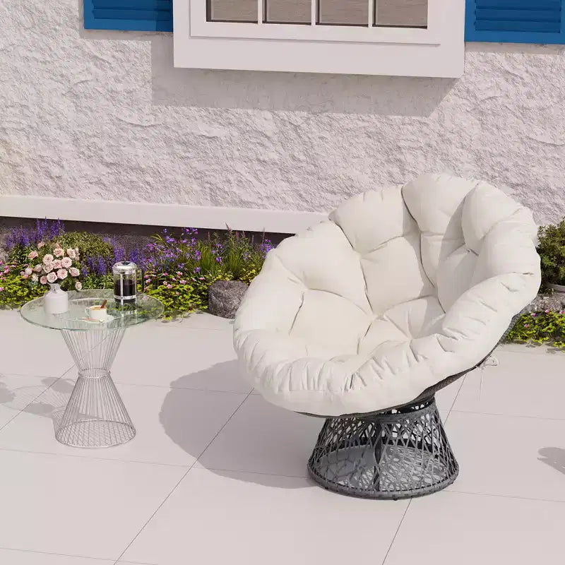 37-Inch Wicker Papasan Swivel Chair with Thick Cushion Round Outdoor Indoor Lounging Patio Seating Steel Frame