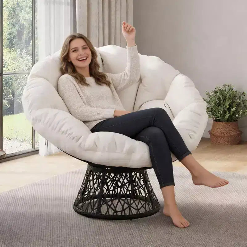 37-Inch Wicker Papasan Swivel Chair with Thick Cushion Round Outdoor Indoor Lounging Patio Seating Steel Frame