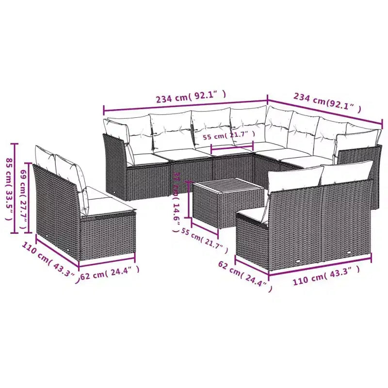 vidaXL Salon de jardin 12 pcs avec coussins Résine tressée Noir