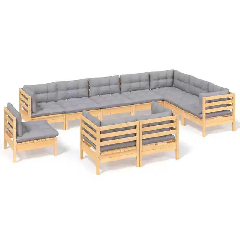 vidaXL Solid Pinewood Patio Lounge Set 10 Piece with Cushions Multi Colors - Brown and Gray