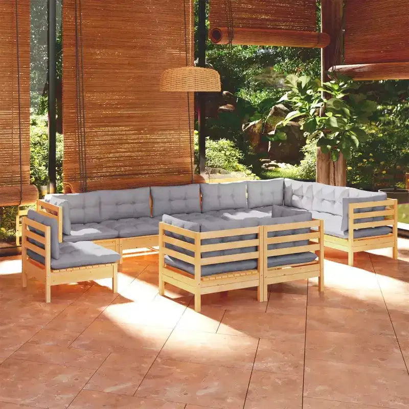 vidaXL Ensemble de salon de jardin 10 pièces en pin massif avec coussins multicolores - Marron et gris