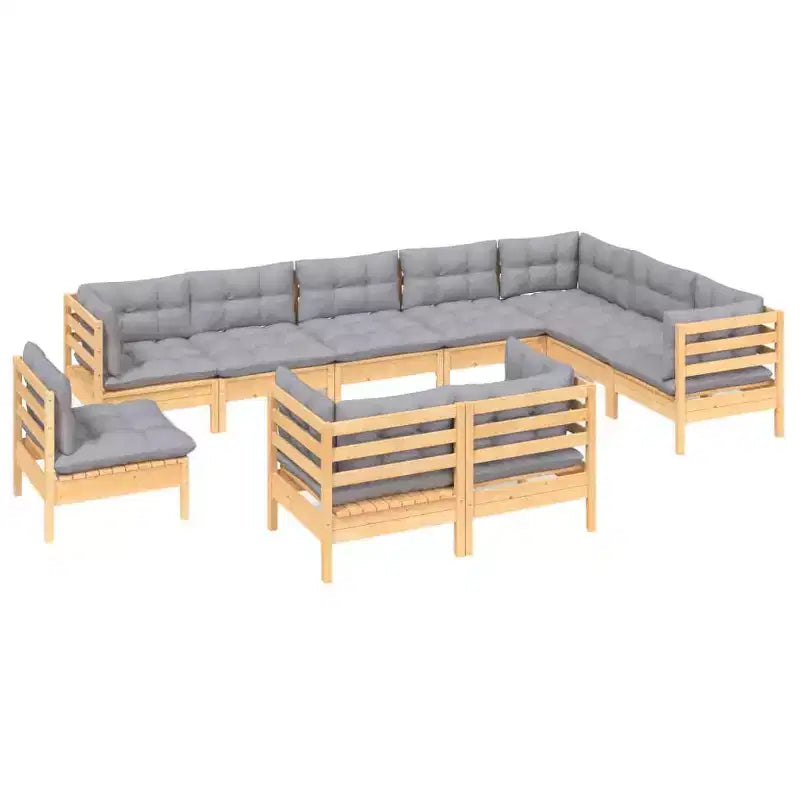 vidaXL Ensemble de salon de jardin 10 pièces en pin massif avec coussins multicolores - Marron et gris