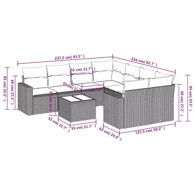 vidaXL Salon de jardin noir en résine tressée, grand canapé de jardin modulable