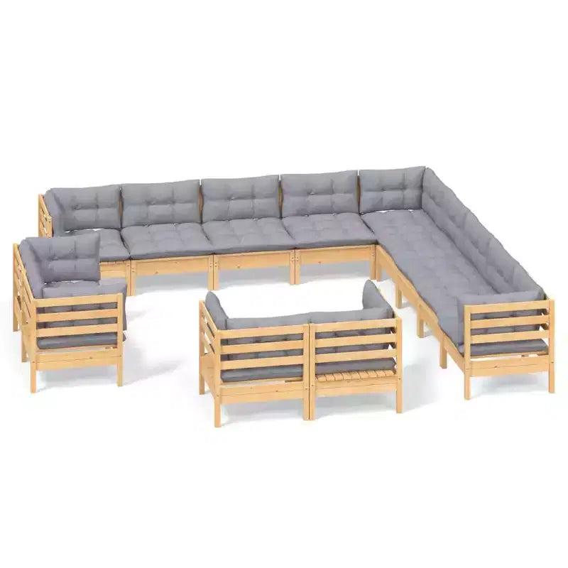 vidaXL Solid Pinewood Patio Lounge Set 13 Piece with Cushions Multi Colors - Brown and Gray