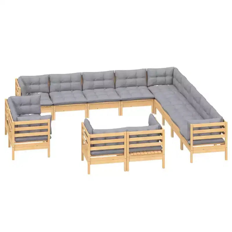 vidaXL Salon de jardin 13 pièces en pin massif avec coussins de différentes couleurs - Marron et gris