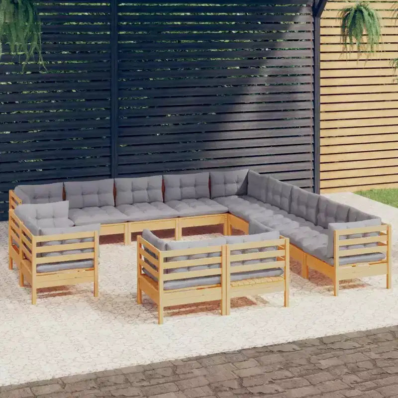 vidaXL Salon de jardin 13 pièces en pin massif avec coussins de différentes couleurs - Marron et gris