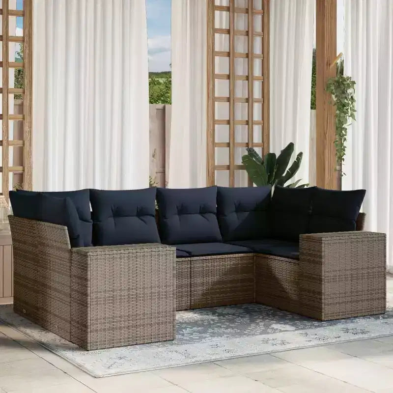 vidaXL Salon de jardin canapé noir, coussins bleus résine tressée 6 pièces