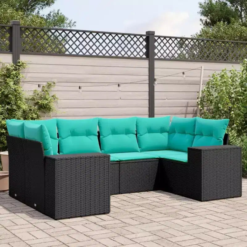 vidaXL Salon de jardin canapé noir, coussins bleus résine tressée 6 pièces