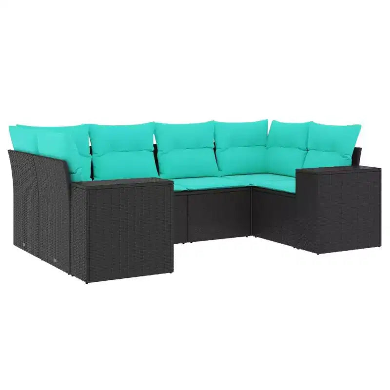 vidaXL Patio Sofa Set Black sofa, Blue cushions PE rattan 6 Piece Set