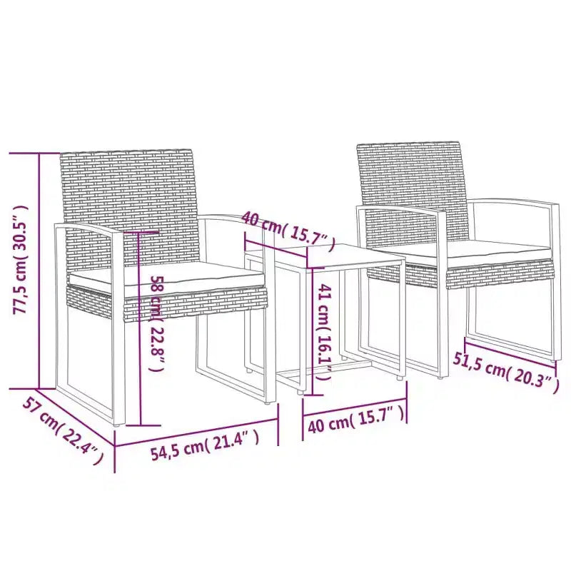 vidaXL Ensemble de salle à manger d'extérieur 3 pièces avec table et chaises avec coussins en rotin PP