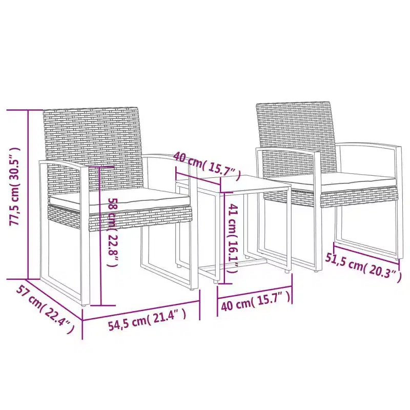 vidaXL Ensemble de salle à manger d'extérieur 3 pièces avec table et chaises avec coussins en rotin PP