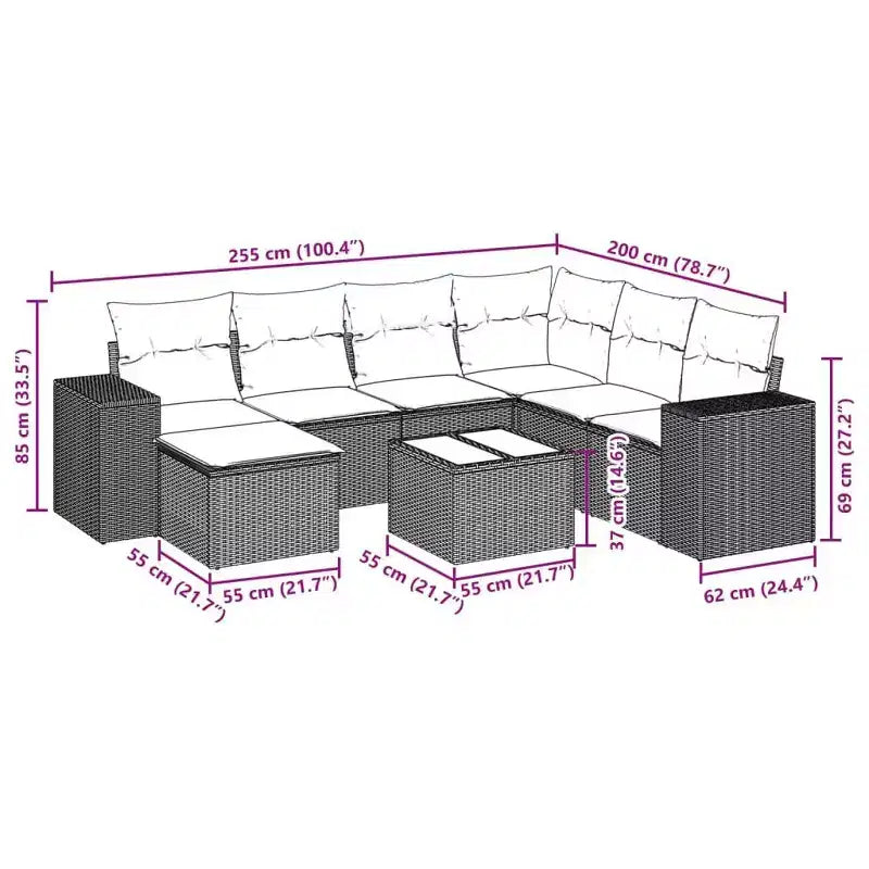 vidaXL Salon de jardin en rotin PE, acier poudré, tissu